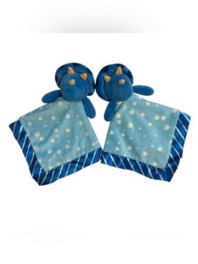 Lot - 2 Cloud Island Dino Triceratops Blue Lovey 13.5” Security Blankets Stripes